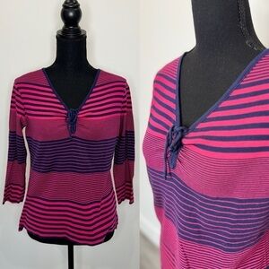 Amber Sun Blue and Pink Stripe Front Tie Lightweight Sweater (Medium)